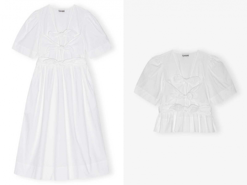 （左）GANNI白色水洗彈性棉質飾結中長洋裝／9,800元；（右）GANNI白色水洗彈性棉質飾結上衣／8,800元（圖／品牌提供）