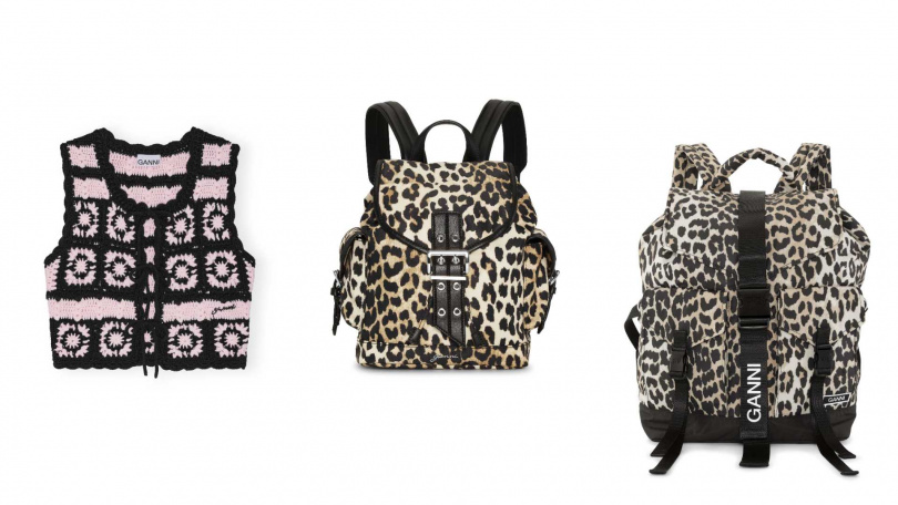 （左）GANNI報春花粉棉質鉤針背心／12,800元；（中）GANNI BUCKY豹紋小款印花後背包／14,800元；（右）GANNI豹紋印花雙口袋造型後背包／10,800元（圖／品牌提供）
