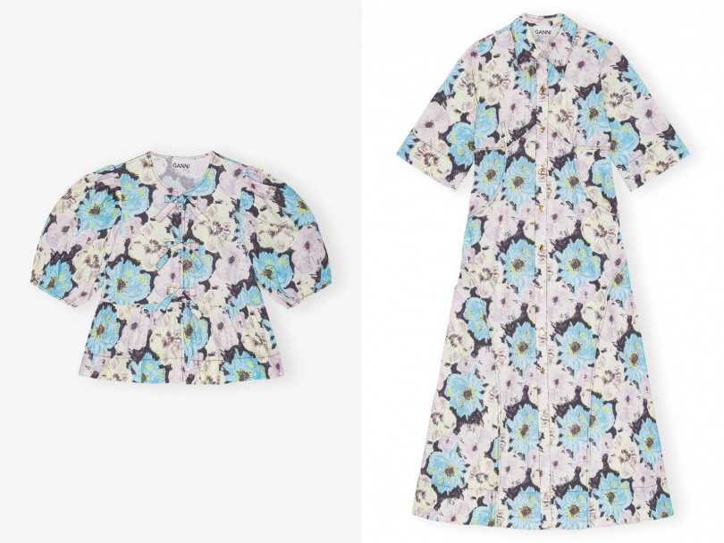 （左）GANNI印花飾結澎袖上衣／8,800元；（右）GANNI府綢印花襯衫長洋裝／12,800元（圖／品牌提供）