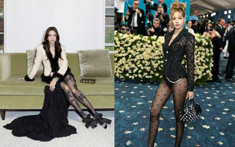 (右)Lisa身穿男裝創意總監 Pharrell Williams 設計的路易威登訂製服飾出席。其輪廓由男士西裝外套改造而成，搭配一件巴斯克式的夾克，展現超性感下半身失蹤穿法，展現翹臀！手拿Speedy P9 Bandoulière 20。(左)Valentino 品牌代言人 Freen Sarocha在 2025 Met Gala 紅毯穿著創意總監 Alessandro Michele 為其量身打造的 Valentino 訂製造型，搭配 Valentino Garavani 配飾，展現率性優雅的迷人風采。（圖／ Freen Sarocha IG、品牌提供）