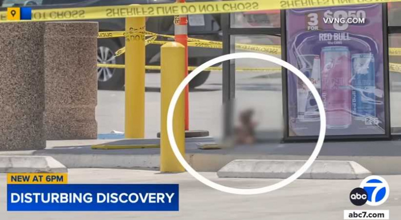 美國加州便利商店外驚現疑似「人皮泰迪熊」,外觀逼真到引起民眾報警,後經查為藝術家製作的恐怖道具。(圖/翻攝自ABC 7)