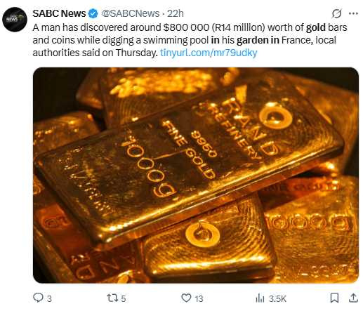 這批價值約80萬美元的財寶最終由發現者合法保留。(圖/翻攝自X,@SABCNews)