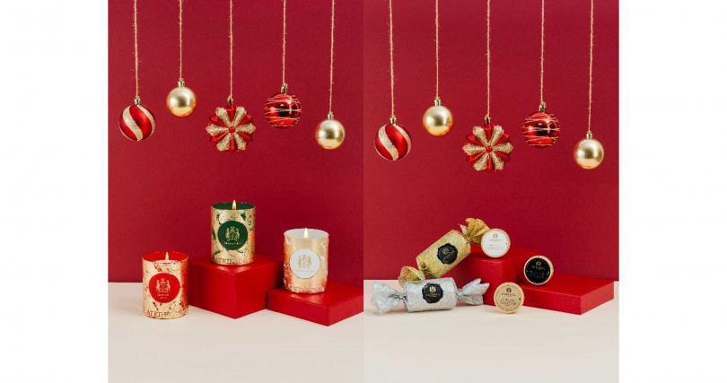 左圖為ATKINSONS Tea Party Collection 精選三款最具節慶氛圍的香氛蠟燭，右圖為品牌贈送聖誕小禮物。（圖片提供／ATKINSONS）