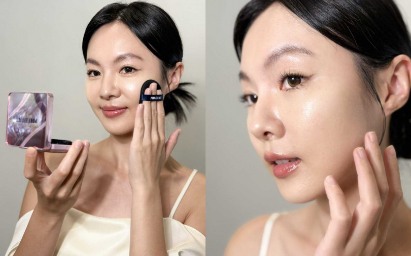 妝感走現在韓系最流行的「遮瑕不遮光」路線，粉體細緻貼膚又輕盈，能修飾毛孔與膚色不均，同時保留自然光澤感，拍完呈現乾淨透亮的精緻底妝效果。（圖／吳雅鈴攝）