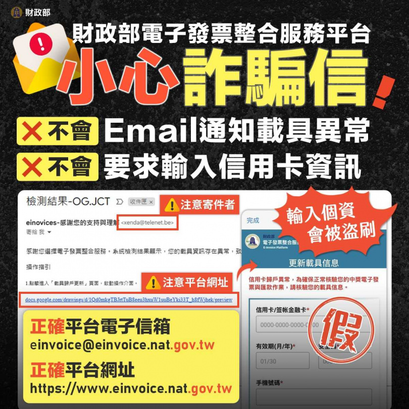 財政部強調，平台不會寄Email通知載具異常，更不會要求民眾輸入信用卡資訊。（圖／翻攝自財政部臉書）