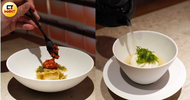 「一抹紅」（左）會放上以新鮮辣椒、風乾紅甜椒與泡椒調製的辣醬提味，右為入口帶有鮮甜家常風味的「不見魚」。（圖／魏妤靜攝）