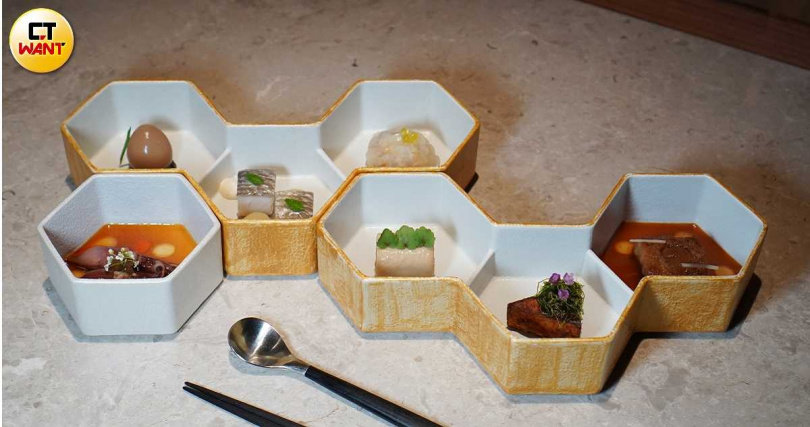 「七巧板」保留人氣小點如將鵪鶉蛋煮至蛋黃微微流心、再以昆布醬油醃泡入味的「松露鵪鶉蛋」，並從酸菜魚、上海烤麩等名菜發想，同時融入日本富山灣螢烏賊等季節食材。（圖／魏妤靜攝）