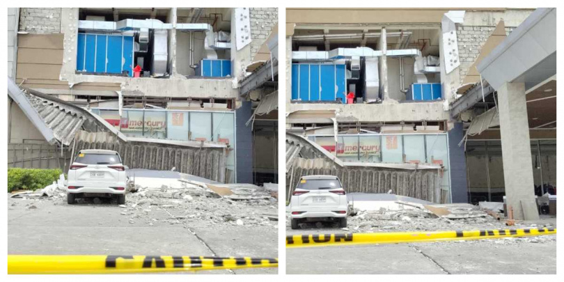 布頓市羅賓森購物中心部分建築結構在強震中倒塌,碎裂的天花板與牆面裸露可見。(圖/翻攝自X,Rappler)