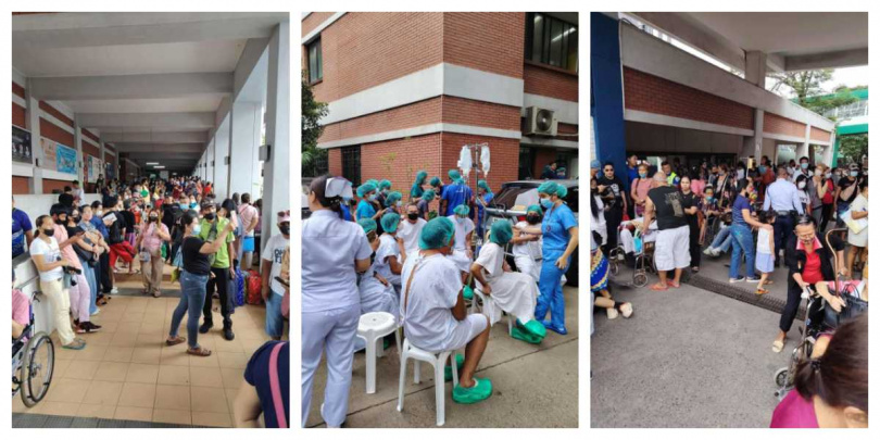 地震發生後,南部醫療中心緊急疏散病患與醫護人員,病床推至戶外暫避,畫面曝光令人震撼。(圖/翻攝自ABS-CBN News)