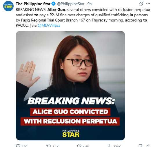 大陸籍女子郭華萍假冒菲律賓人身分當上市長，涉操控詐騙中心與人口販運，遭法院判處無期徒刑。(圖／翻攝自X，The Philippine Star)