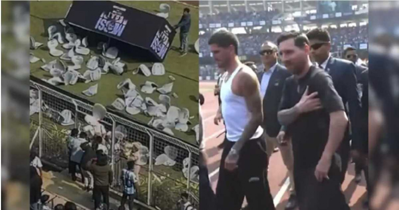 科爾卡塔球場陷入混亂,球迷擲瓶、破壞設施,梅西提前離場。(圖/翻攝自NDTV網頁)