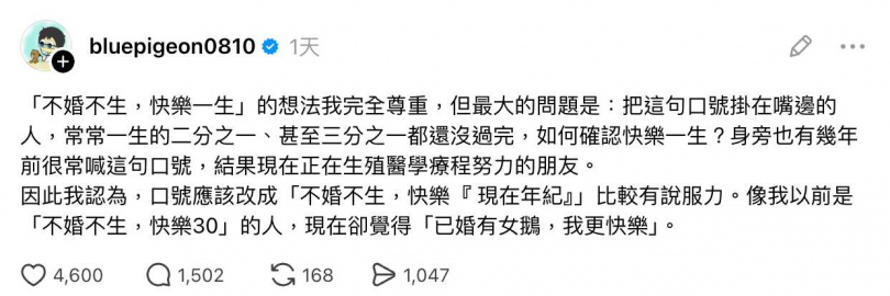 蒼藍鴿發文慘被炮轟。（圖／翻攝Threads／＠bluepigeon0810）