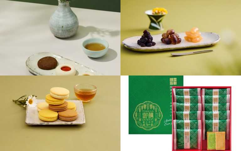 Fika 綜合餅乾禮盒16入/850元、銀座鈴屋 銀座六花蜜漬豆3入禮盒/700元、THE SWEETS 可可夾心餅乾9入禮盒/850元、藤兵衛庵 抹茶奶油夾心煎餅禮盒/560元。(圖/品牌提供)
