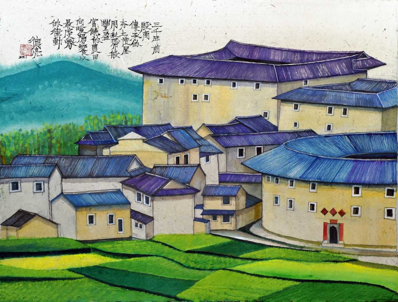 吳德亮茶票紙對開水彩由27座土樓組成的「河坑土樓群」(已蒙收藏)。(圖/吳德亮攝影)