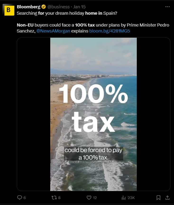 西班牙擬針對非歐盟居民買房「課稅100%」。（圖／翻攝自X）