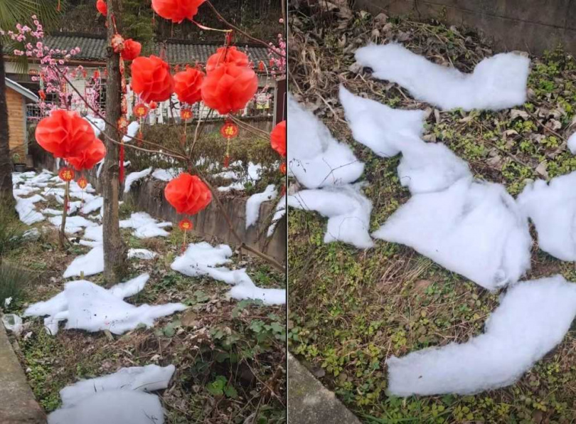 遊客到雪村朝聖，發現根本沒有雪，白白的是棉花，抱怨甚至連「雪村」裡的花都是假的。（圖／翻攝自微博）