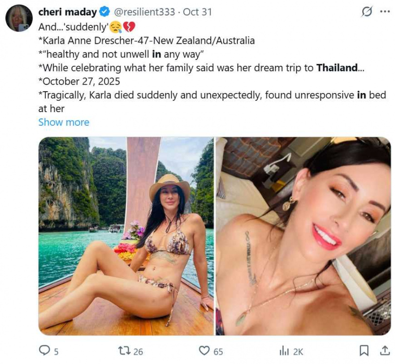 卡拉・安妮・德雷舍生前在社群平台分享泰國旅遊點滴,此行被她視為人生夢想之一。(圖/翻攝自X,@resilient333)