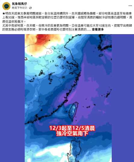 模擬圖顯示，12月3日晚起強冷空氣南下，北台降溫幅度明顯。（圖／翻攝自氣象報馬仔臉書）