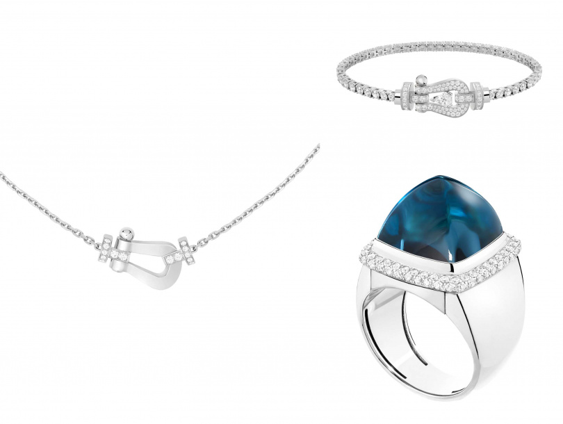 FRED Force 10大號手環、Force 10項鍊、FRED Pain de Sucre可替換寶石戒指（圖／品牌提供）