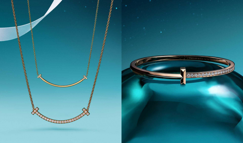 Tiffany T Smile 玫瑰K金鑲鑽墜鍊(中型款)、Tiffany T Smile 玫瑰K金全鋪鑽墜鍊(中型款)、Tiffany T1 玫瑰K金窄版鑲鑽手環（圖／品牌提供）