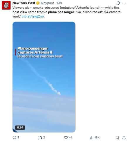 旅客在飛機上直擊阿提米絲2號升空，畫面呈現「上帝視角」。（圖／翻攝自X，@nypost）