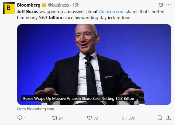 貝佐斯今年6月底於威尼斯舉行婚禮，隨後開始出售股票。（圖／翻攝自X）