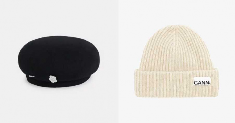 KENZO 銀飾海棠黑色貝雷帽;GANNI 羅紋針織毛帽(圖/品牌提供)