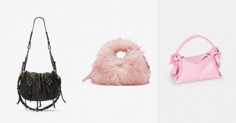 ISABEL MARANT BOLTON復古棕牛皮斜肩包; GANNI毛絨感迷你流浪包;KENZO FUROSHIKI亮粉色迷你斜背包(圖/品牌提供)