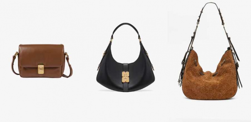 A.P.C. GRACE法裩包;GANNI KAT蝴蝶飾扣小型流浪包; ISABEL MARANT BOLTON HOBO栗棕色麂皮肩背包(圖/品牌提供)