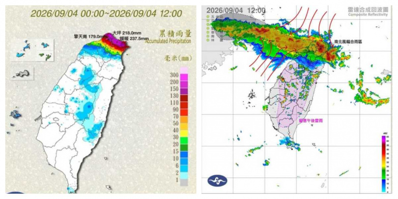 氣象粉專「觀氣象看天氣」指出,西南風與東北風在北台灣附近交會,輻合雨區移動緩慢,導致豪雨持續。(圖/翻攝自臉書,觀氣象看天氣)