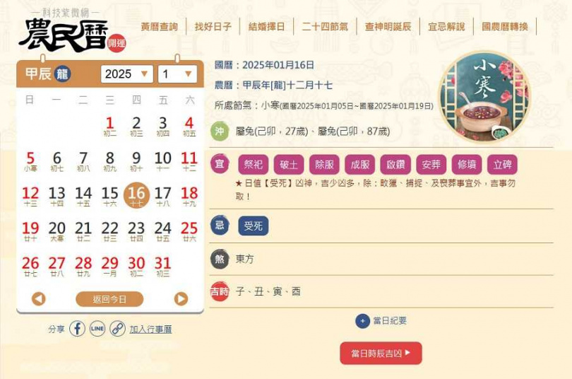 昨天在農民曆日值「受死」。（圖／翻攝自科技紫微網）