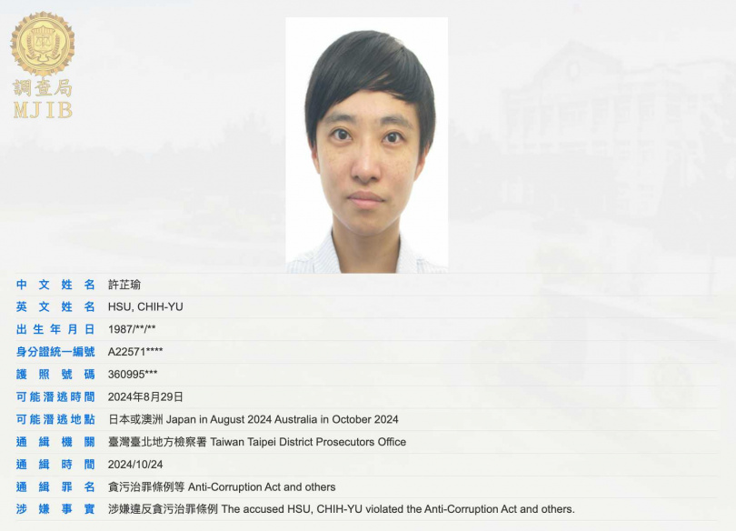 許芷瑜去年10月被檢方通緝，至今未回台。（圖／調查局網站）