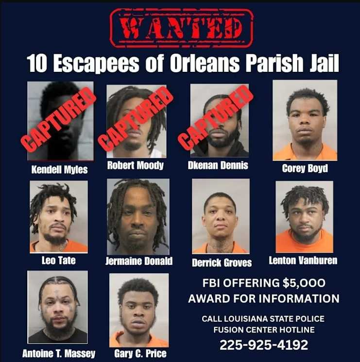 美國路易斯安那州紐奧良監獄驚爆有10名犯人集體越獄成功，目前已有3人落網，其餘7人仍在逃。（圖／翻攝自臉書／LouisianaStatePolice）