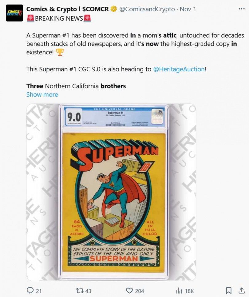 1939年出版的《Superman No.1》是史上首本以超人為主角的個人連載漫畫,具指標性意義,被譽為美漫黃金時代開端。(圖/翻攝自X,@ComicsandCrypto)