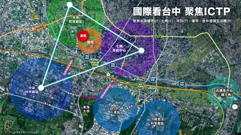 水湳生活圈新案「富宇富美圖」基地坐落於逢甲，同時享受水湳（I）、七期（C）、中科（T）等核心板塊的房市紅利與交通便捷性。（圖片提供／富美圖）