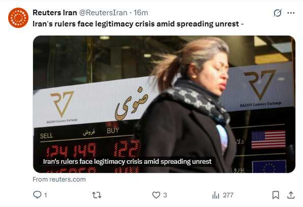 伊朗進入全國網路封鎖狀態，社群發文者遭情報人員威脅刪文。（圖／翻攝自X，@ReutersIran）