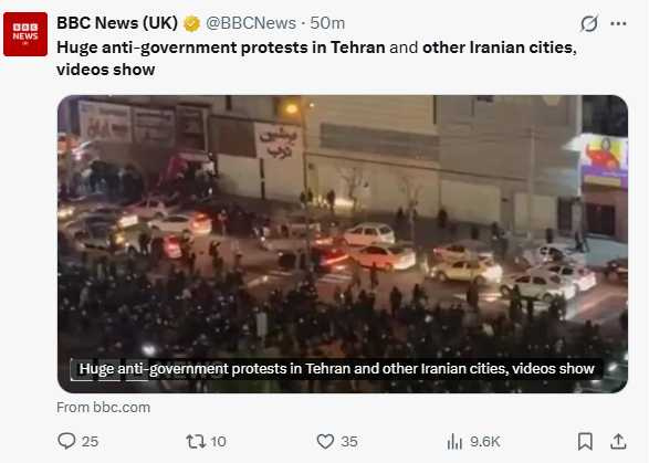 伊朗安全部隊出動鎮壓示威，已有數十人喪生、逾兩千人被捕。（圖／翻攝自X，@BBCNews）
