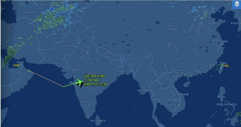 受中東衝突影響滯留杜拜多日的旅客，搭乘阿聯酋航空航班返回台灣。（圖／翻攝自flightaware網站）