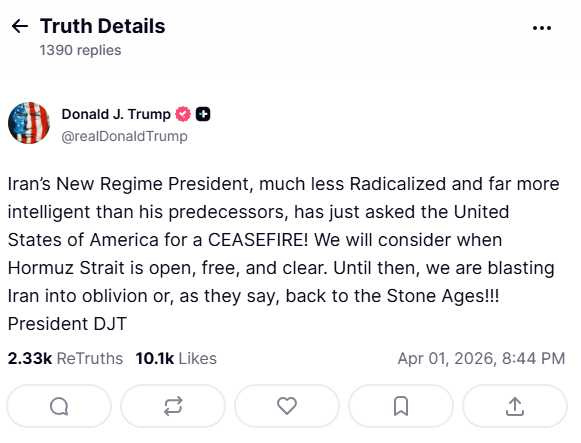川普透過真實社群發文，談及伊朗停火與軍事行動。（圖／翻攝自Truth Social，@realDonaldTrump）