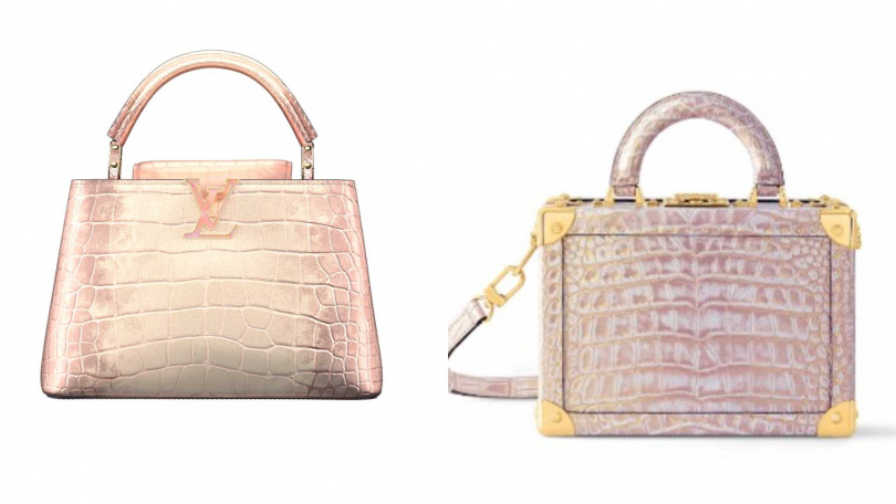 （左）Capucines BB 撒哈拉金屬玫瑰金鱷魚皮包款／1,440,000元，Petite Valise 玫瑰金色鱷魚皮革硬箱包款／1,350,000 元（圖／品牌提供）