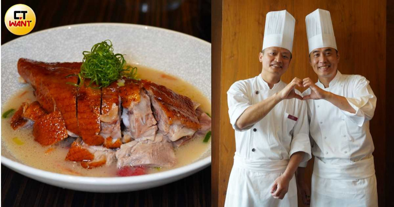 「鵝腿寬腸粉」是由餐廳主廚盧俊源（右圖右）、港式點心副主廚李建易攜手發想出來。（+1吃多500元，圖／魏妤靜攝）