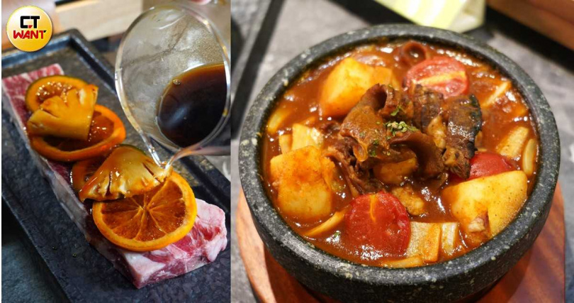 「特上帶骨厚燒牛小排套餐」雙人套餐可吃到果香炙燒（左）、紅酒燉筋兩種吃法。（圖／魏妤靜攝）