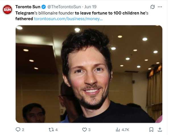 杜洛夫公開表示，其逾百名子女將共同繼承139億美元遺產。（圖／翻攝自X）