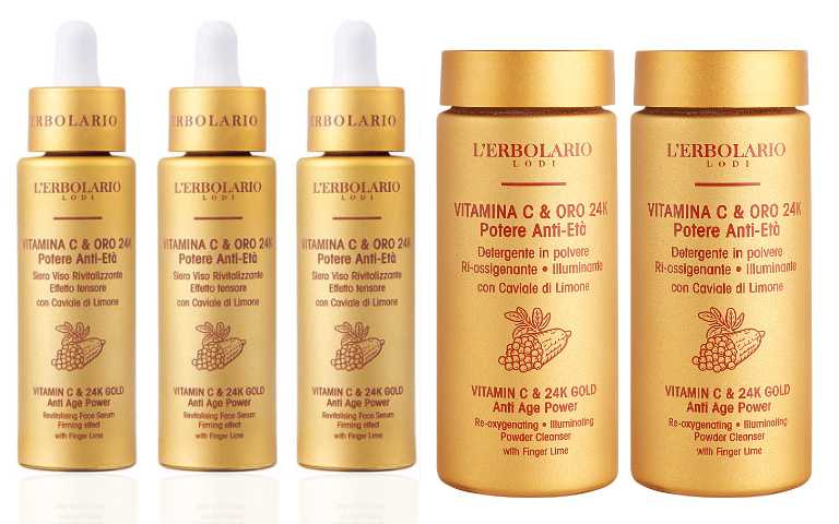 右 ⿈⾦逆齡緊實精華液 30ml*3瓶 原價／9,900元、特價／6,200元。左 黃金逆齡潔顏粉 35g 2瓶 原價／3,000元、特價／1,800元（圖／品牌提供）