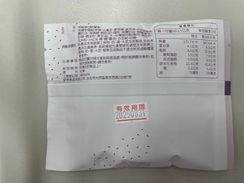 食芋堂的「芋鬆參Q餅」標示不符規定。(圖/台北市政府衛生局提供)