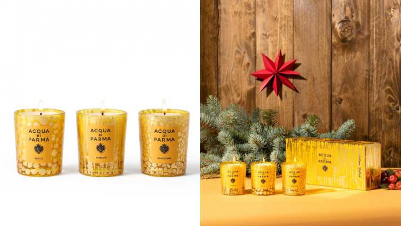 Acqua di Parma 金色假期香氛蠟燭禮盒(靜謐雪松|濃情潘尼|甜蜜托尼) 70G*3／5,700元（圖／品牌提供）