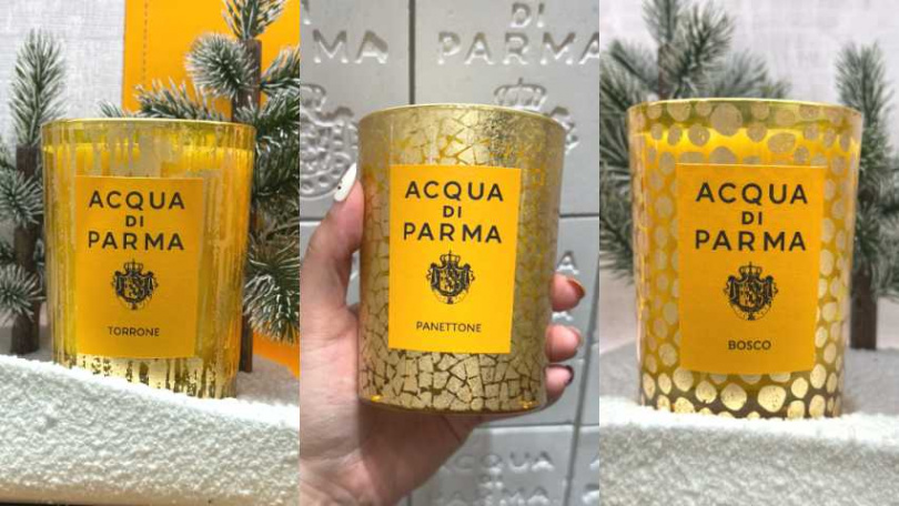 Acqua di Parma 靜謐雪松金色假期限量版香氛蠟燭200G／3,400元、濃情潘尼金色假期限量版香氛蠟燭200G／3,400元、甜蜜托尼金色假期限量版香氛蠟燭200G／3,400元（圖／廖怡婷 攝）