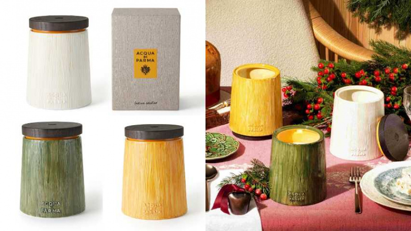 Acqua di Parma 濃情潘尼金色假期工藝限量版香氛蠟燭500G／22,800元、甜蜜托尼金色假期工藝限量版香氛蠟燭500G／22,800元、靜謐雪松金色假期工藝限量版香氛蠟燭500G／22,800元（圖／品牌提供）