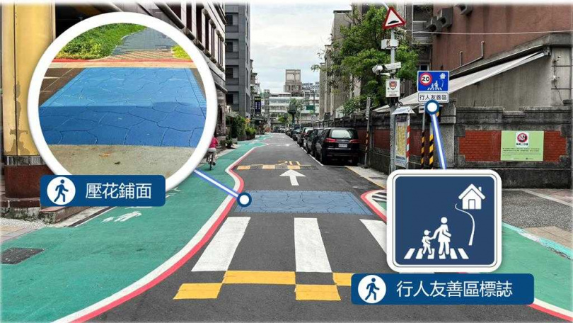 「行人友善區」提供行人無障礙步行環境並管制車輛使用，區內道路除設置人行道外，得採取速限標誌或標線、降速措施、時段性行人徒步區等。（圖／台北市交通局提供）
