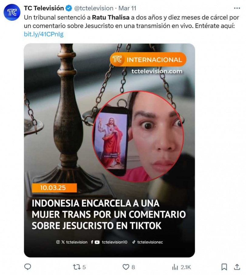 印尼網紅直播時要耶穌去剪頭髮，因涉嫌「褻瀆宗教」被判刑2年10個月。（圖／翻攝自X）